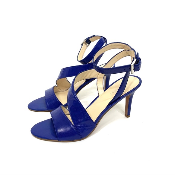 Nine West Blue Leather Ankle Cross Wave Wrap Strap Adjustable Ankle Heels Sz 8.5 - Picture 1 of 16